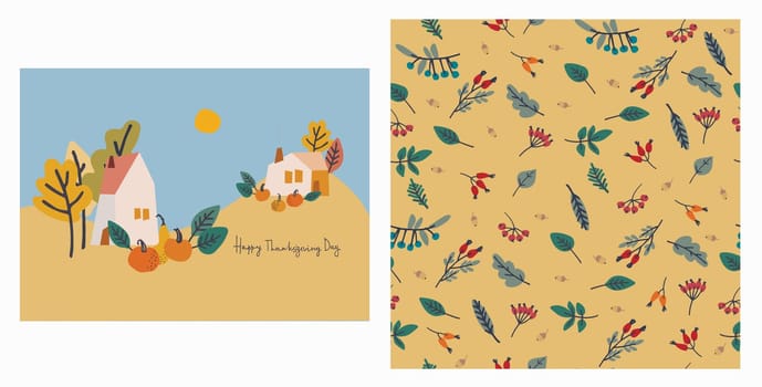 Set of Happy Thanksgiving card and pattern for holiday packaging, home decor and textiles with country house, pumpkins