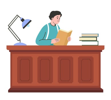 Personage reading books by table under lamp vector