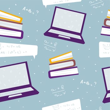 Books, laptop and mathematical formulas print