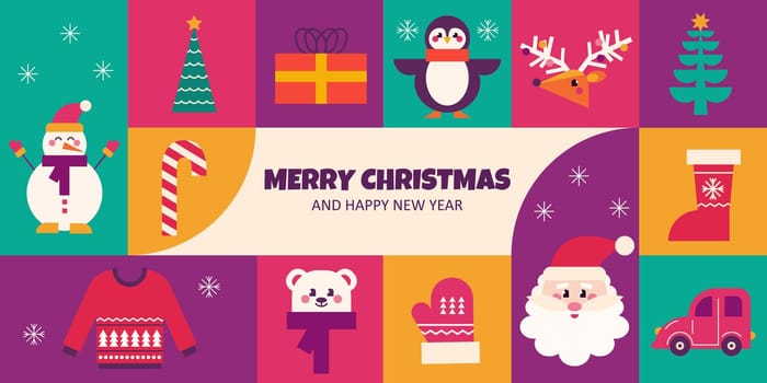 Christmas modern trendy design, christmas tree, gifts, winter elements and new years decorations. Vector illustration in flat geometric style