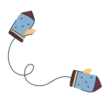 Illustration of mittens on a string in doodle style, winter warm accessories