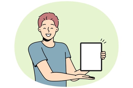 Smiling man show mockup screen on tablet