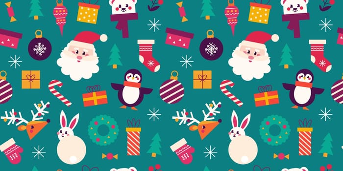 Christmas seamless pattern with cute animals, Santa Claus. Vector festive background with snowflakes