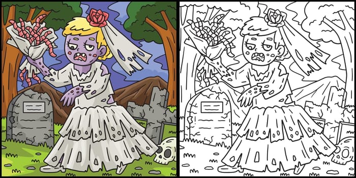 Zombie Bride Coloring Page Colored Illustration