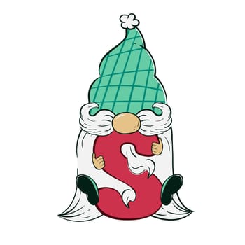 Cute gnome holding a letter s for Christmas and New Year. Vector illustration of cartoon doodle character of dwarf