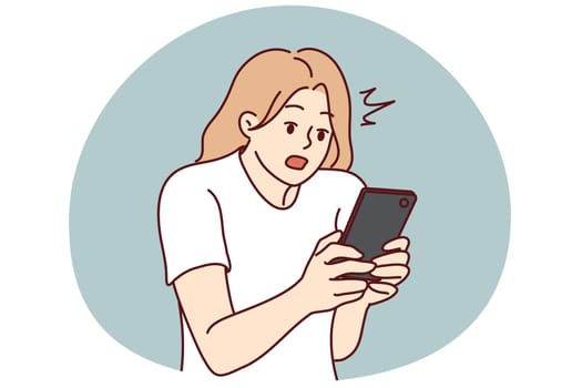 Stunned woman look at cellphone screen shocked