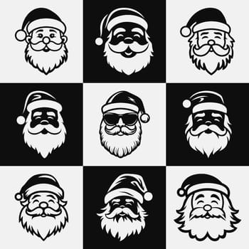 Vector Isolated Santa Claus, Father Christmas, Saint Nicolas Head Face Portrait Stencil. Black and White Flat Illustration, Santa Claus Shape with Outline, Silhouette