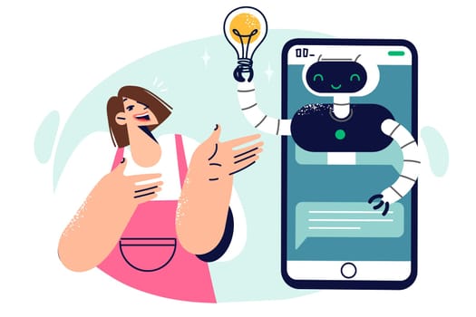 Woman near phone with robot in screen symbolizing artificial intelligence and mobile chat bot
