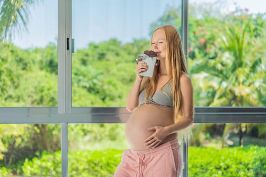 Capturing a pregnant woman enjoying chocolate, exploring the sweet indulgence during pregnancy, highlighting the delightful moments and potential effects of chocolate