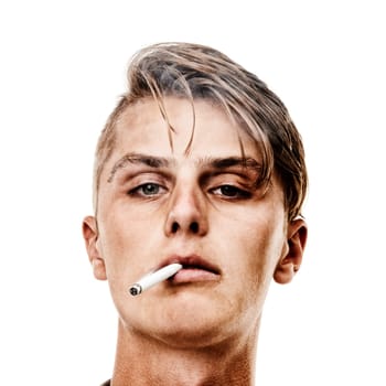Portrait, studio or man smoking a cigarette for stress, toxic addiction or unhealthy habit to relax. Dangerous, smoker or serious male person in Germany to inhale tobacco on white background alone