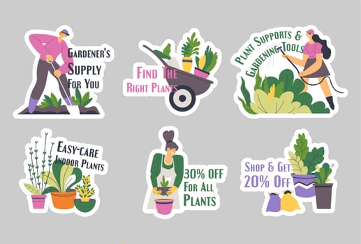 Sticker design set with gardening store offer