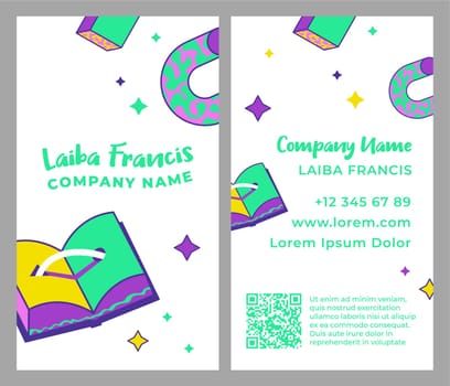Personal and company name details, phone number, and qr codes for information about products or services offered. Business or visiting card, advertisement, and branding. Vector in flat style