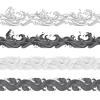 water wave ripple shape oriental utline and silhouette retro ornament seamless pattern set