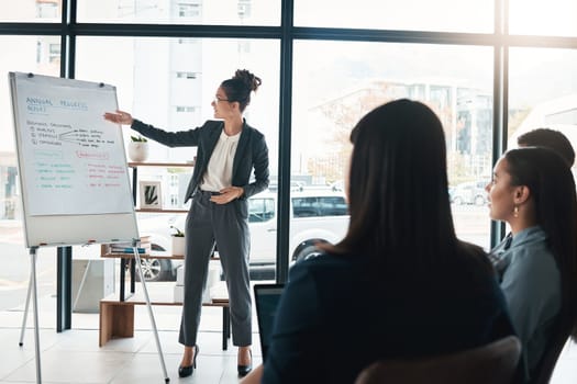 Business woman, coaching and whiteboard in presentation idea or leadership at office workshop. Female leader, coach or mentor speaking in staff training for marketing, planning or corporate strategy