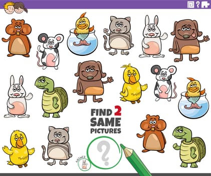 Cartoon illustration of finding two same pictures educational activity with comic pets animal characters