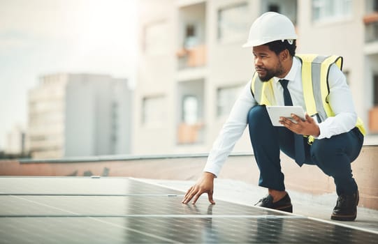 Solar panels, renewable energy and black man with tablet for construction, maintenance and inspection. Sun sustainability, building and electrician with digital tech for photovoltaic electricity