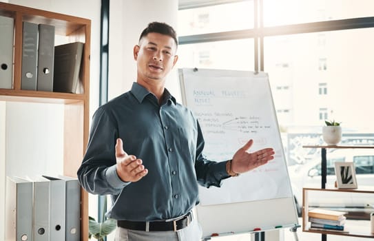 Businessman, coaching and whiteboard in FAQ, presentation or leadership at office workshop. Male leader, coach or mentor speaking in staff training for marketing, planning or corporate strategy