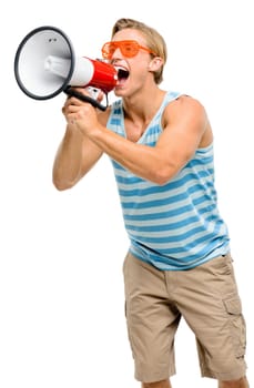 Is this loud enough for everyone. a handsome young man standing alone in the studio and using a megaphone.