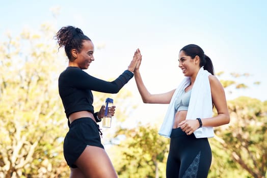 Well done. two attractive young women giving each other a high-five after their run in the park.