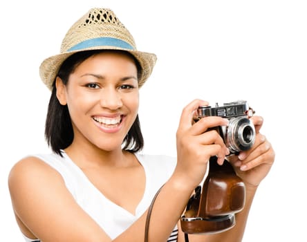 She will capture a lifetime of memories. Beautiful mixed race woman taking photograph vintage camera isolated on white background.