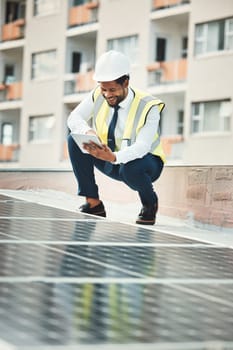 Solar panels, engineering and black man with tablet for renewable energy, maintenance and inspection. Sustainability, construction and happy electrician with digital tech for photovoltaic electricity