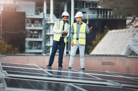 Solar panels, engineering and people with tablet for construction, maintenance and renewable energy. Urban sustainability, teamwork and electricians with digital tech for photovoltaic electricity