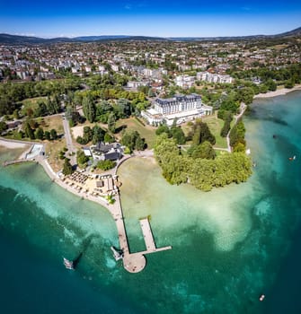 Aerial view of Annecy city Centre, plage de l imperial or imperial beach in Haute Savoie, France