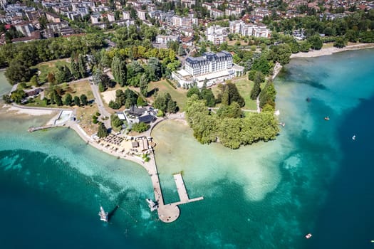 Aerial view of Annecy city Centre, plage de l imperial or imperial beach in Haute Savoie, France