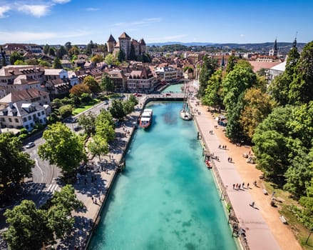 Aerial view of Annecy city Centre, gardens of Europe or jardins de l europe, in Haute Savoie, France