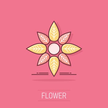 Cartoon flower icon in comic style. Petal illustration pictogram. Floral sign splash business concept.