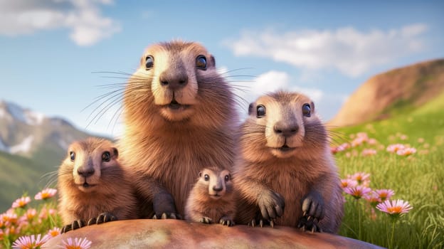 A family with baby fluffy marmots crawled out of their hole in the mountains, on a sunny, spring day, among pink beautiful flowers. The traditional holiday is Groundhog Day in the USA, on which he will see his shadow, early spring or long winter.
