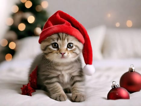 Christmas card with a cat A small curious funny striped kitten in Santa's Christmas red hat on a white bed at home