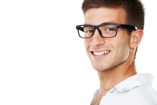 Closeup, portrait and happy man with glasses in studio, mockup and white background in Spain. Person, vision and smile for new, frame and lens of spectacles for correction of sight, cornea or pupil