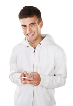 Phone, studio or portrait of happy man on social media or online for entertainment blog or texting on web. Isolated white background, smile or person on mobile app to scroll for news post on internet.