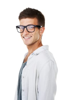 Portrait, happy man and glasses with smile in studio for eye care mock up on white background. Male model, student and excited for correction of glaucoma, pupil or vision with new, frame and lens