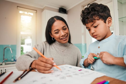 Signal parent, teaching and mother help child with homework for homeschool lesson, project or assignment. Writing, learning and mom support kid with education, development and studying together