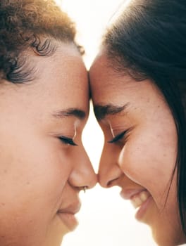 Face, lesbian couple and gay love outdoor with happiness, care and pride in summer. Closeup of LGBTQ women, friends or people in nature for freedom, romantic date and commitment in happy relationship.