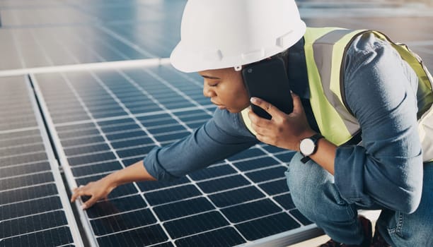 Phone call, solar panel and black woman maintenance conversation about photovoltaic plate, sustainability or inspection. Renewable energy, smartphone chat and female engineer check electricity cell