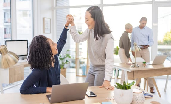 Business team, high five and women celebrate success, win or target achievement in office. Diversity people or employee and mentor or manager with goal, teamwork and solidarity in collaboration