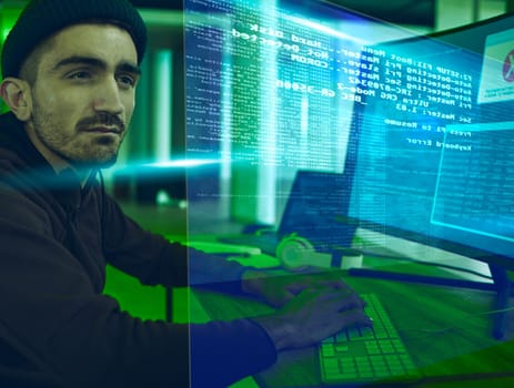 Computer hacker, programming and man with hologram for phishing, scam or cybersecurity software. Reading, dashboard and criminal person with ai info for future ransomware, hacking or coding script