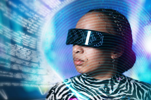 Serious black woman, metaverse or virtual reality glasses with overlay for digital transformation. Face with vr tech for hologram for cyber or 3d world for big data, information technology and coding