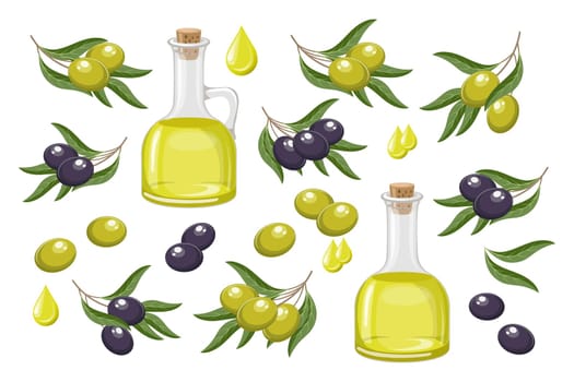 Set of black and green olives. Olive oil, drops of oil and twigs with olives and leaves. Food illustration