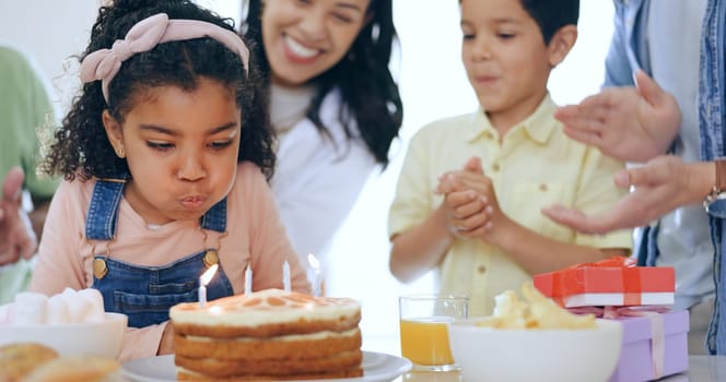 Child with cake, candles and big family for birthday celebration with smile, fun and love together in home. Happiness, gift and congratulations, parents and and kids at party with excited children.