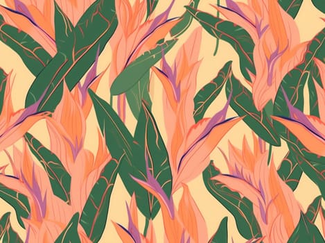 orange seamless flower tropical pattern jungle pink trendy colorful leaf. Generative AI.