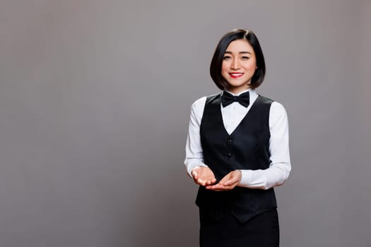 Waitress showing with hands portrait