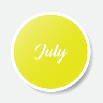 July yellow round sticker on white background, vector illustration.