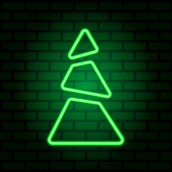 Neon green Christmas tree on illuminated brick wall background. Symbol of Christmas and New Year. Illustration.