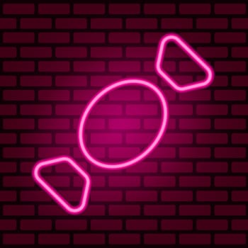 Glowing neon pink candy icon isolated on brick wall background. Illustration.