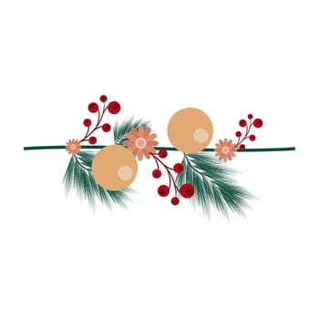 Branch of a Christmas tree with flowers and balls. Vector illustration in flat style. Elements for design. Suitable for posters, invitations, cards, and banners.
