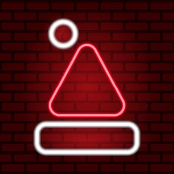 A glowing red neon Santa hat sign illuminated on a red brick background. Merry Christmas and Happy New Year. Illustration.